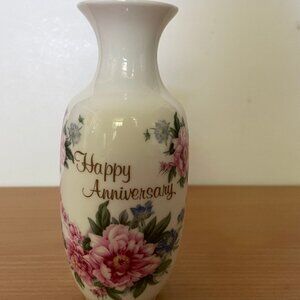 Happy Anniversary 7" bud vase hand decorated Canada white porcelain pink rose